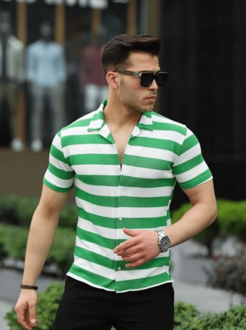 Çizgili Pamuk Örme Premium Fit Gömlek - Justyol