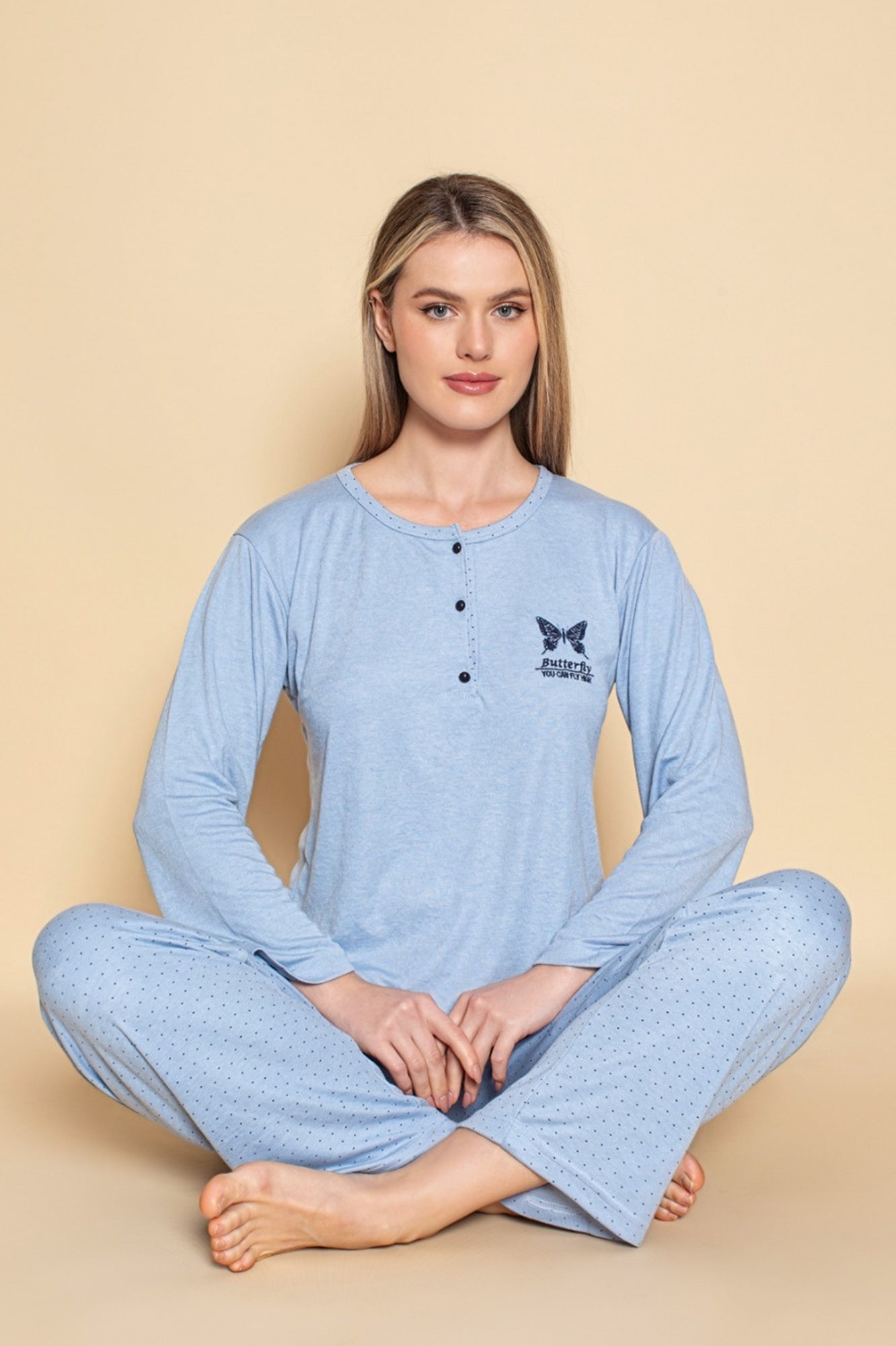 dreamy uzun kollu desenli düğmeli yaka pijama takimi - Justyol