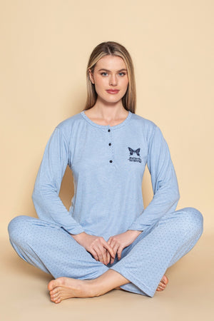 dreamy uzun kollu desenli düğmeli yaka pijama takimi - Justyol