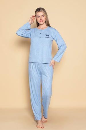 dreamy uzun kollu desenli düğmeli yaka pijama takimi - Justyol