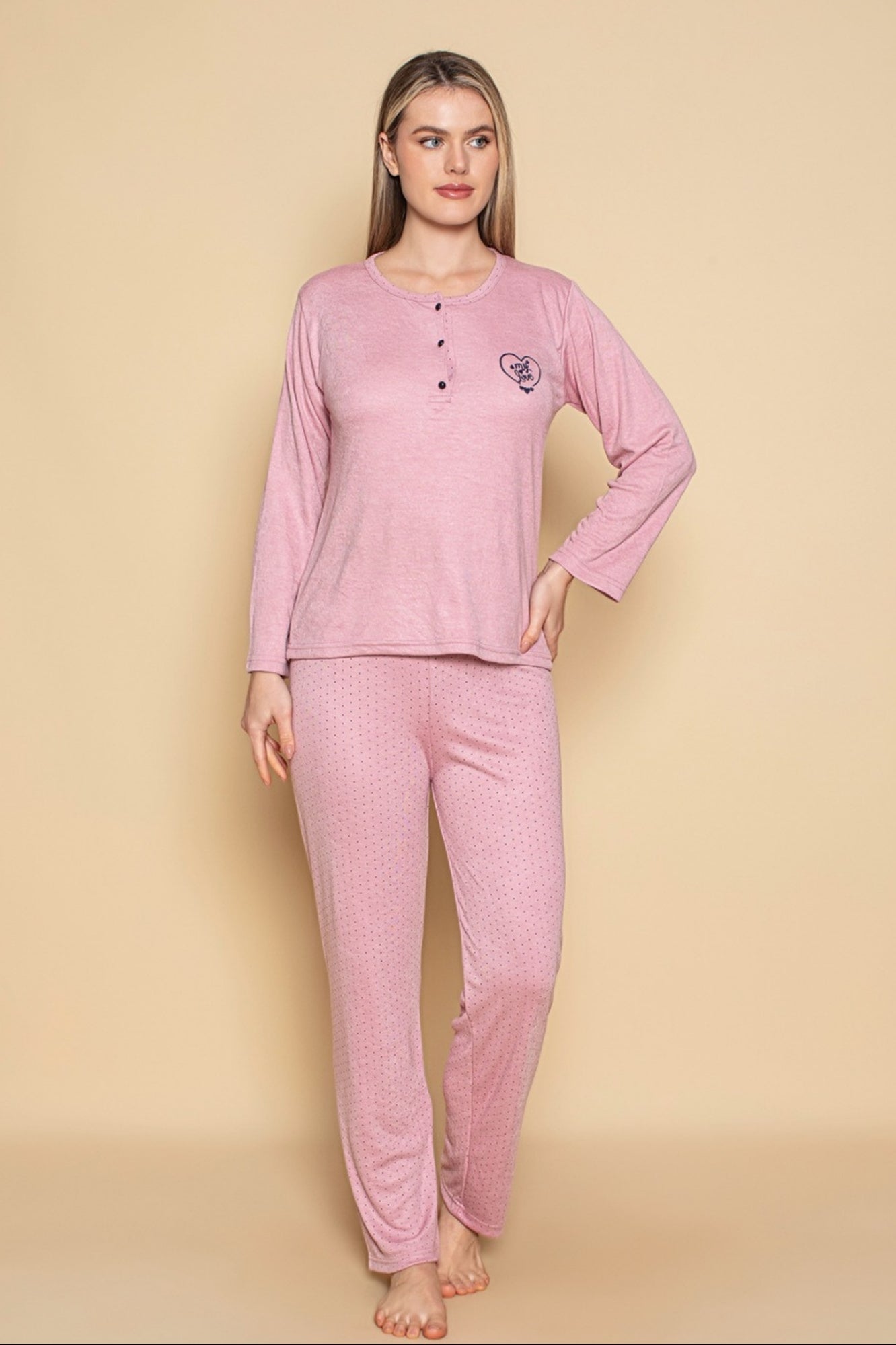 dreamy uzun kollu desenli düğmeli yaka pijama takimi - Justyol