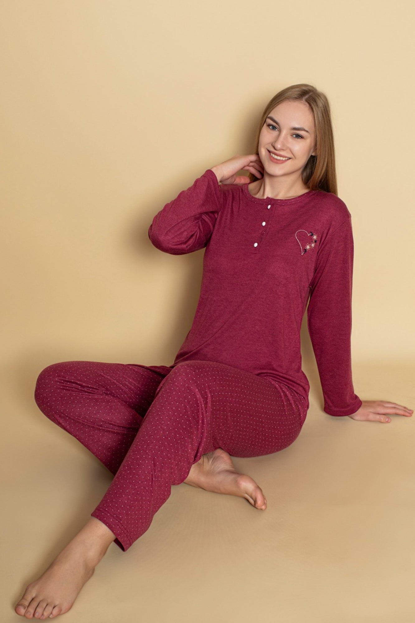dreamy uzun kollu desenli düğmeli yaka pijama takimi - Justyol