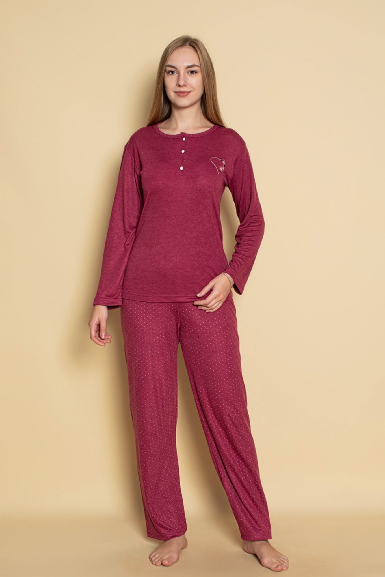 dreamy uzun kollu desenli düğmeli yaka pijama takimi - Justyol