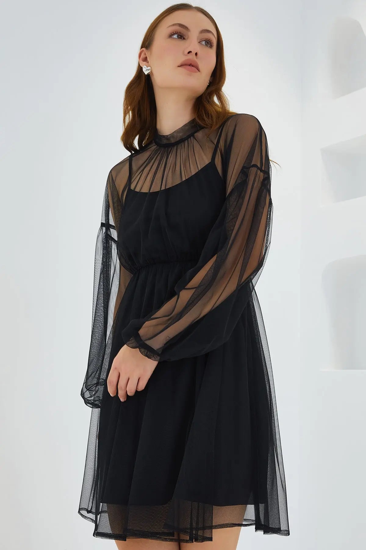 kadintül detayli mini elbise 2485 - Justyol