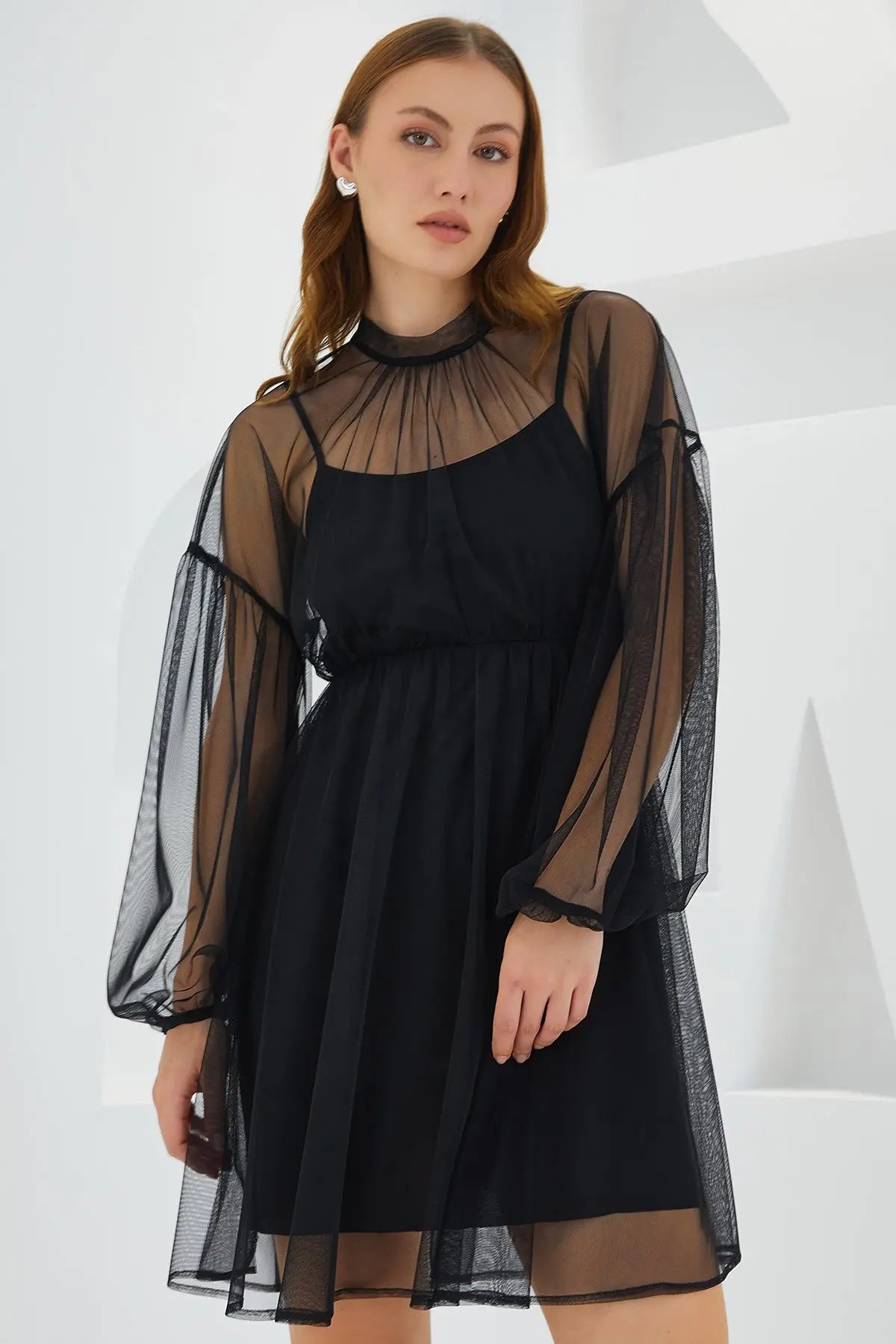 kadintül detayli mini elbise 2485 - Justyol