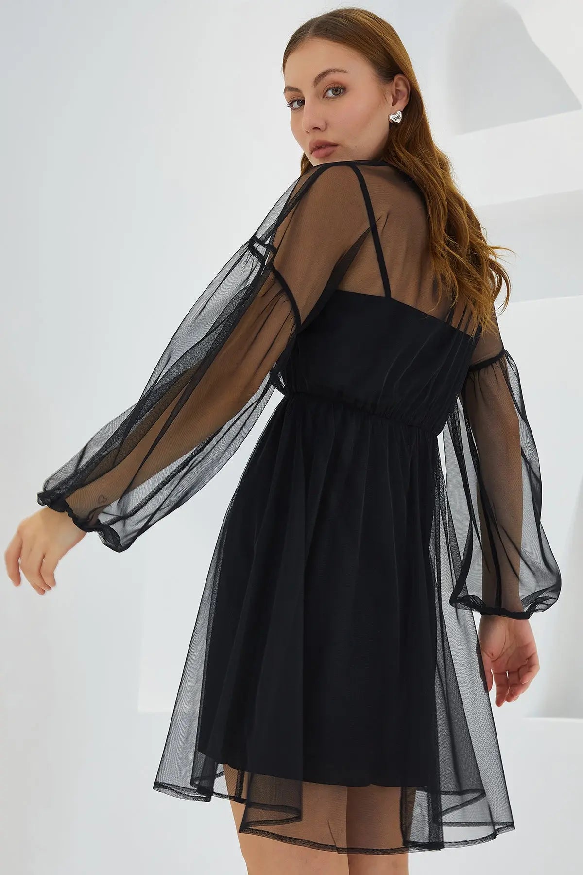 kadintül detayli mini elbise 2485 - Justyol