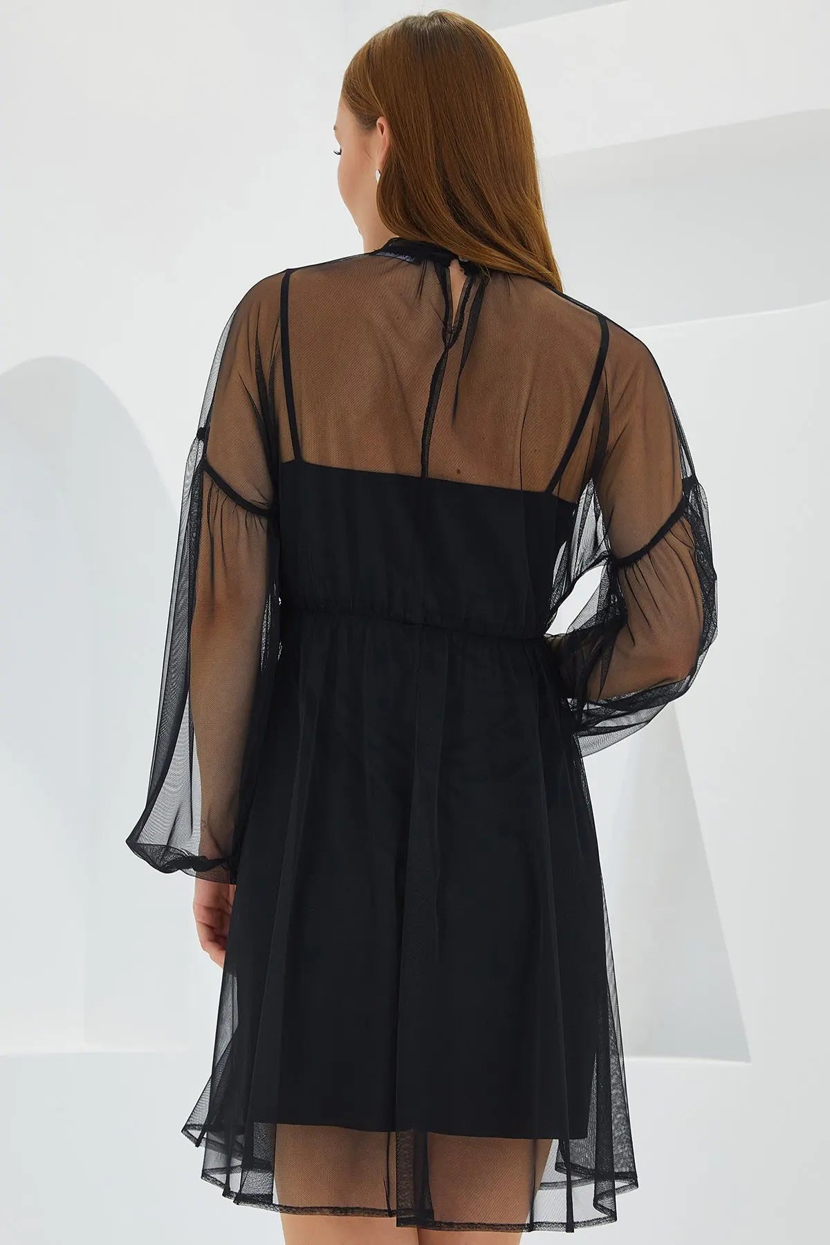 kadintül detayli mini elbise 2485 - Justyol