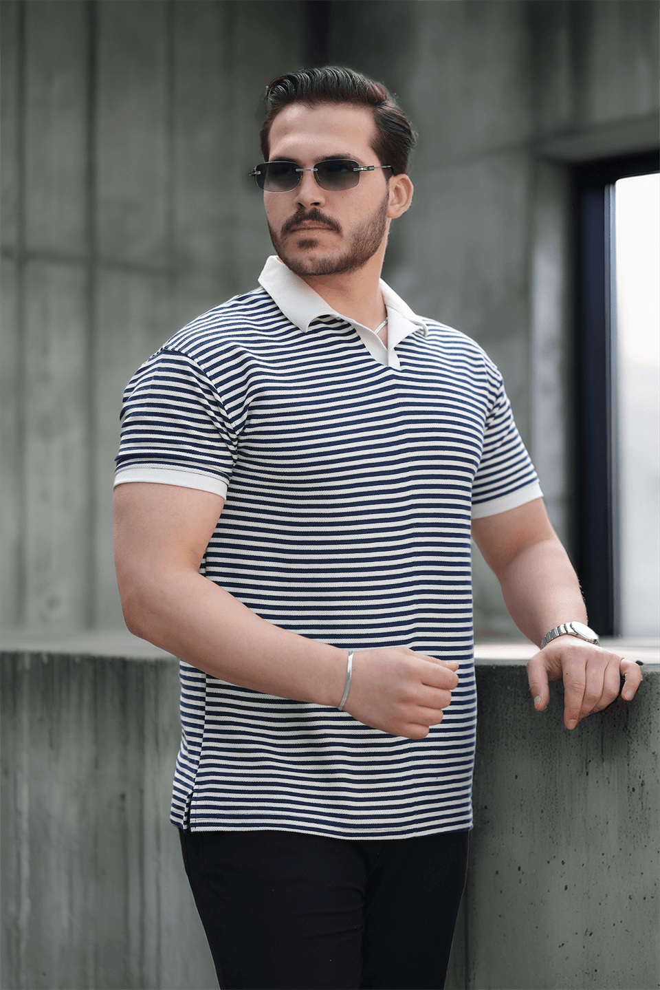 çizgili örme desenli polo yaka erkek t-shirt - Justyol