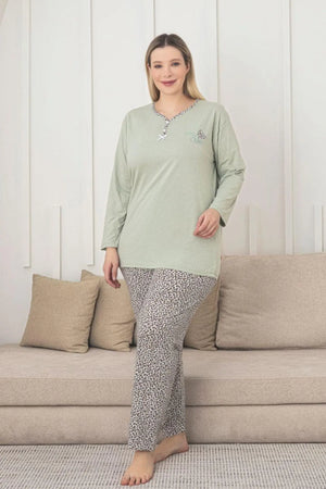 x - dreamy büyük beden pamuklu desenli uzun kollu pijama takimi - Justyol