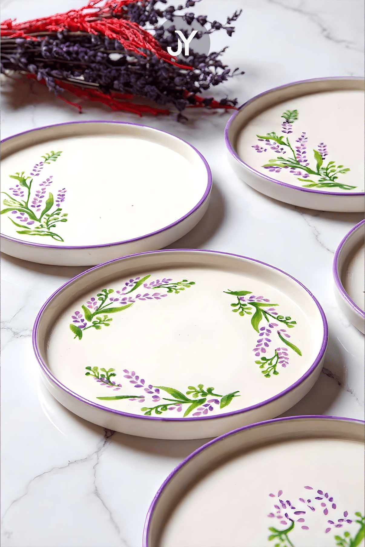 6'lı Özel Tasarım Handmade 16 cm Stackable Lavanta Pasta Tabak Seti - Tatlı Tabağı Seti - Justyol
