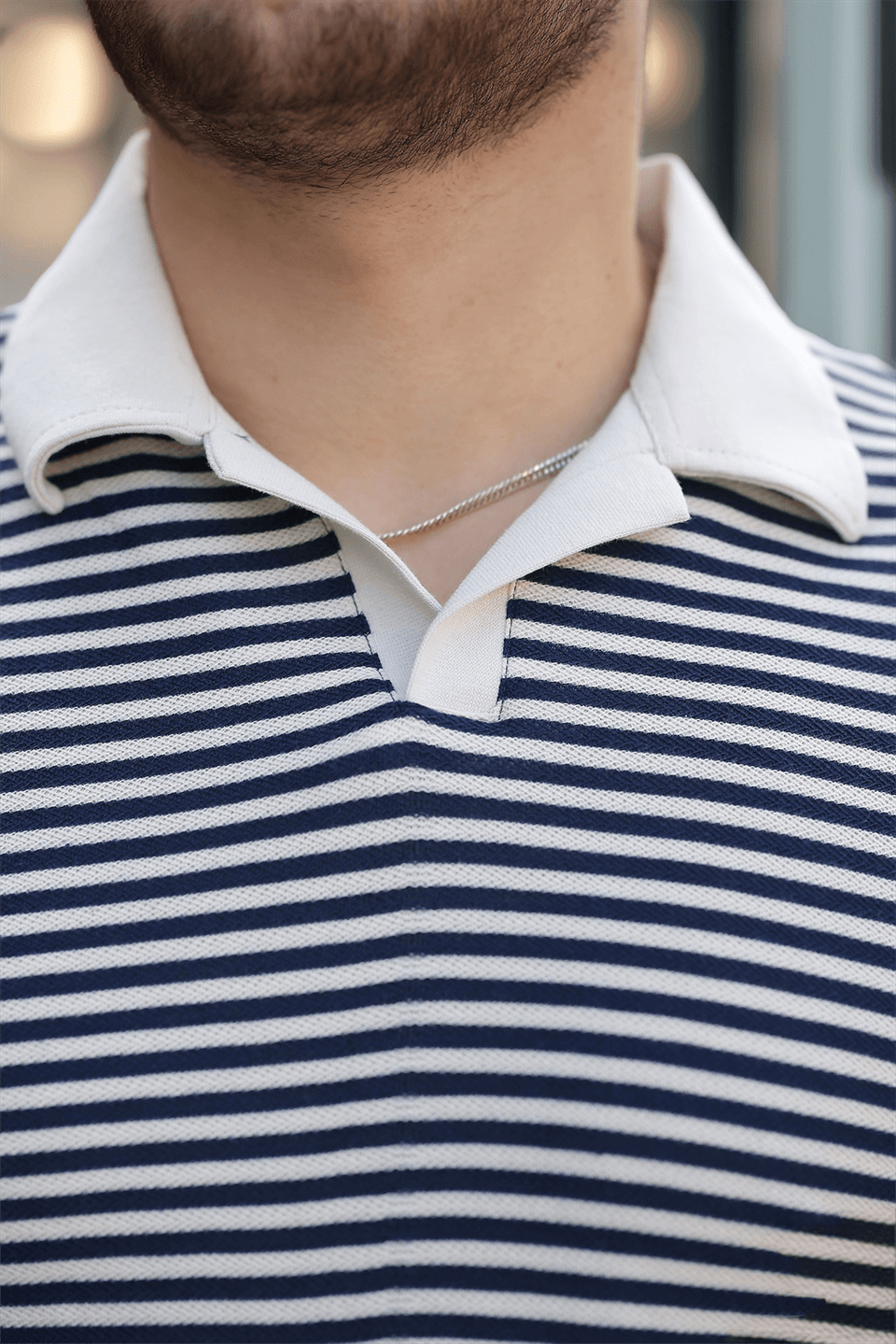 çizgili örme desenli polo yaka erkek t-shirt - Justyol