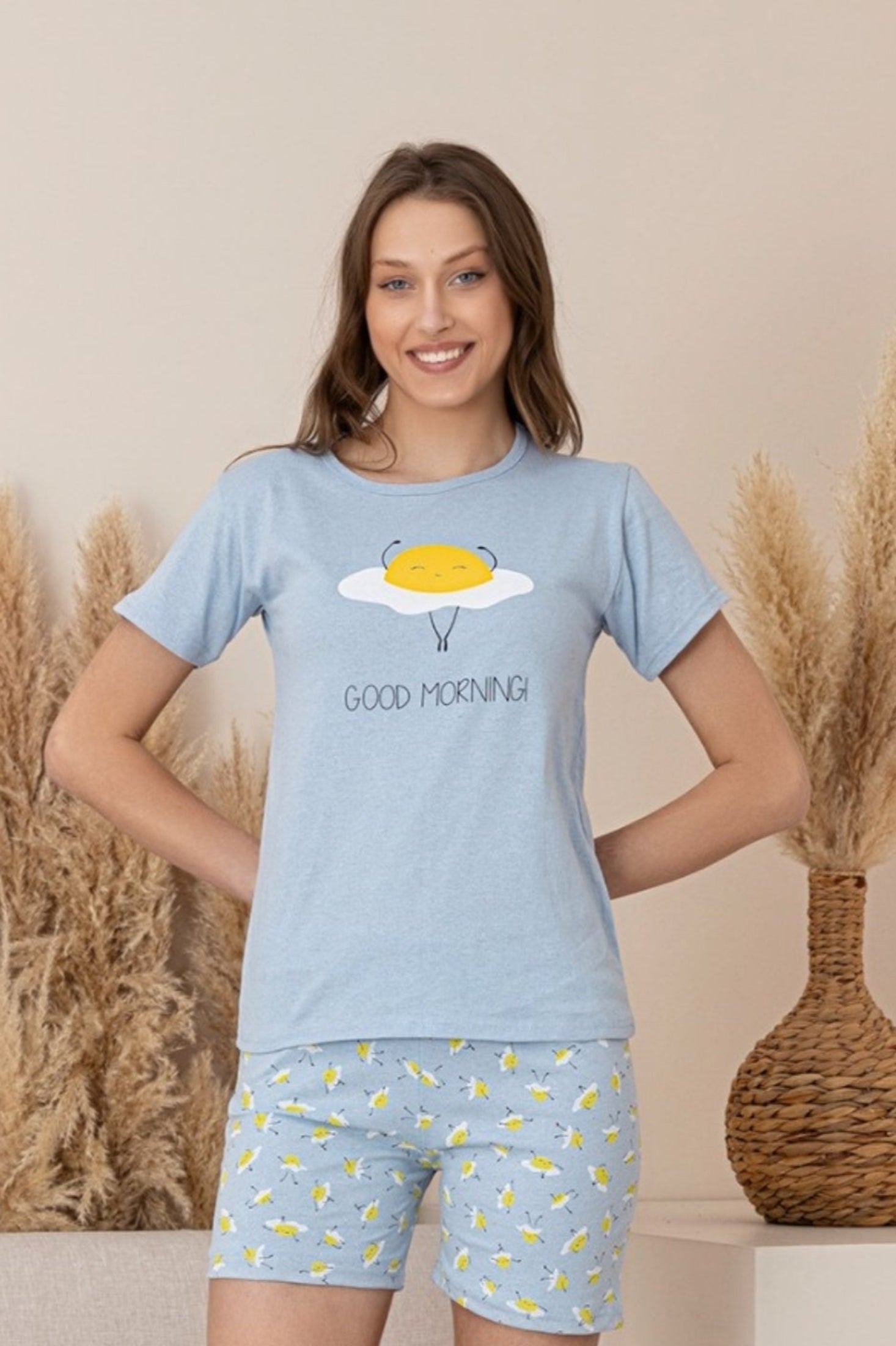 dreamy pamuklu desenli kisa kollu şortlu kadin pijama takimi - Justyol