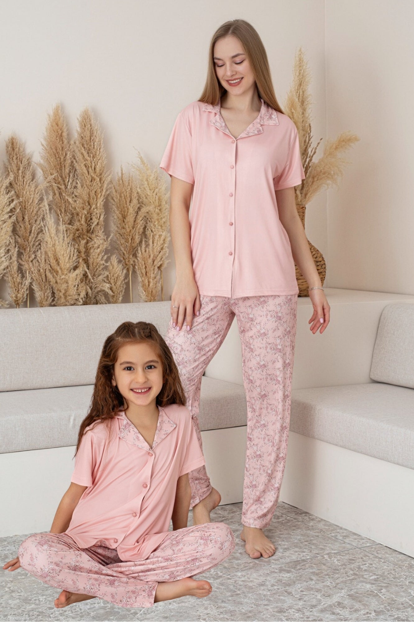 anne kiz kombin çiçekli kisa kollu gömlek pijama takimi (anne kiz ayri satilir) - Justyol