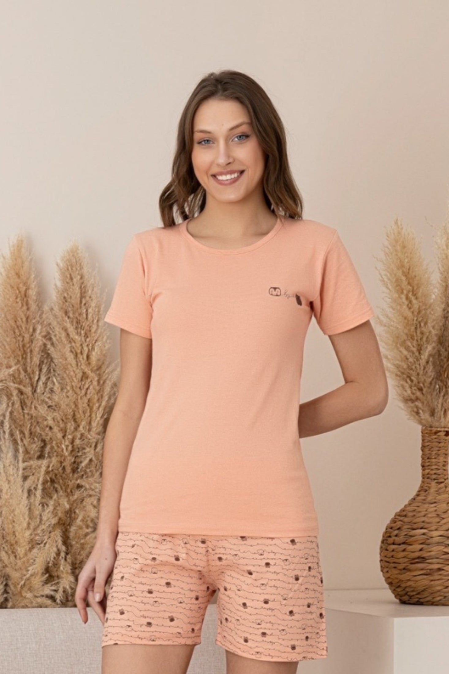 dreamy pamuklu desenli kisa kollu şortlu kadin pijama takimi - Justyol