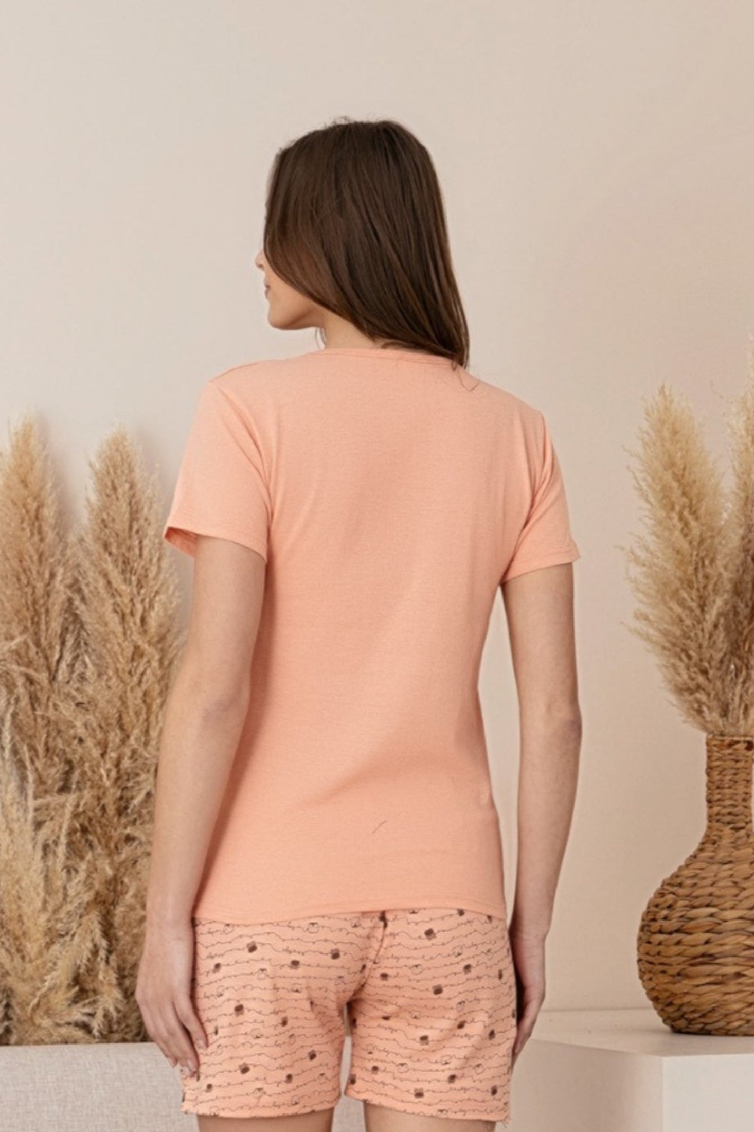 dreamy pamuklu desenli kisa kollu şortlu kadin pijama takimi - Justyol