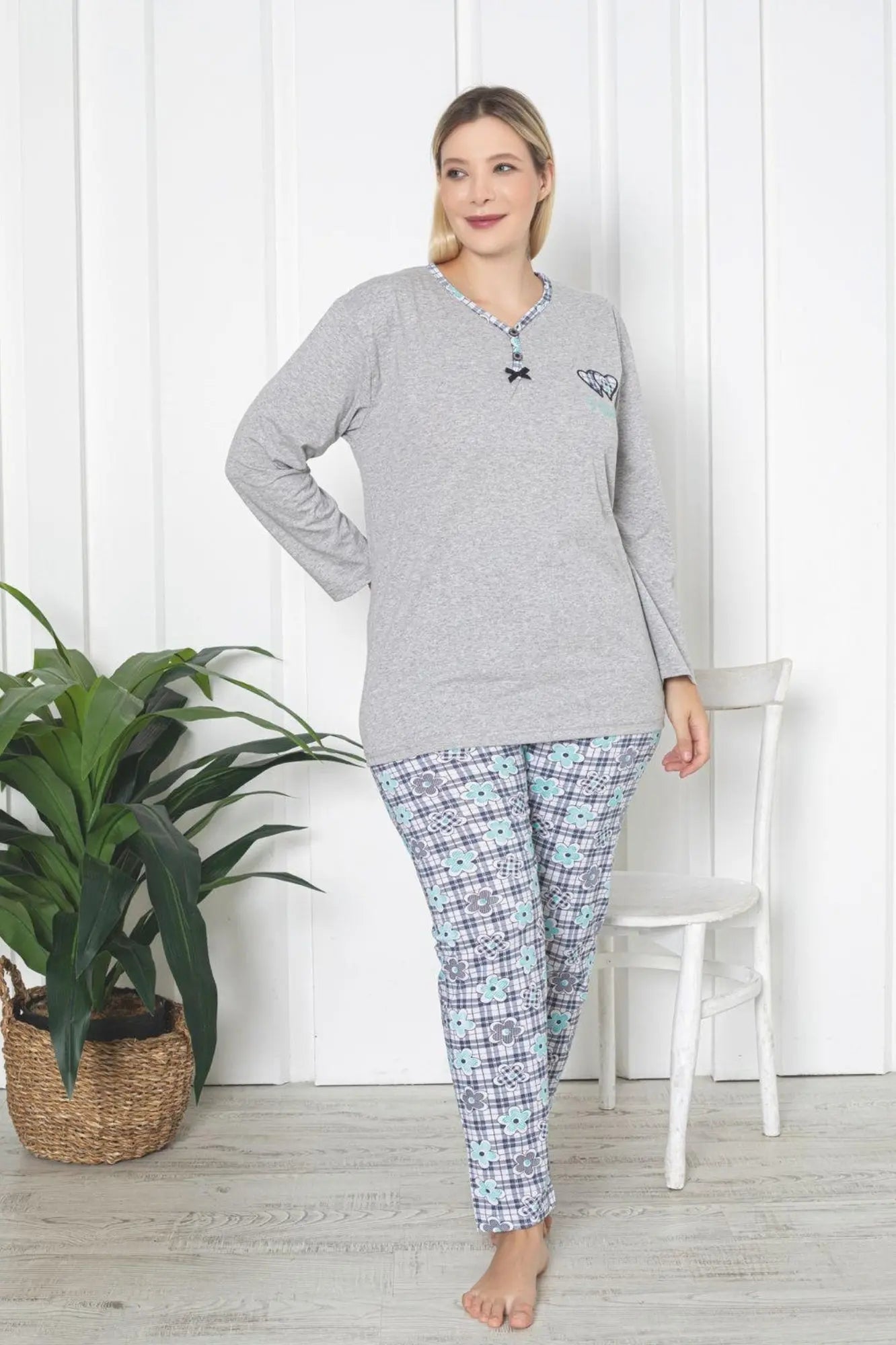 x - dreamy büyük beden pamuklu desenli uzun kollu pijama takimi - Justyol
