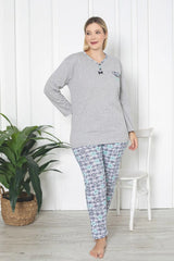 x - dreamy büyük beden pamuklu desenli uzun kollu pijama takimi - Justyol