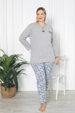 x - dreamy büyük beden pamuklu desenli uzun kollu pijama takimi - Justyol