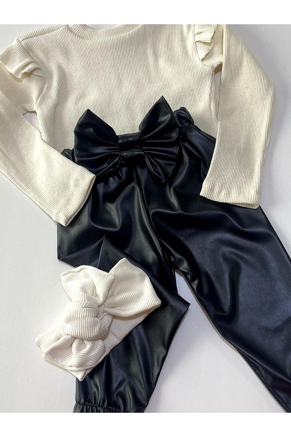 Özge Basran Girl, Black Leather Bow Detailed Trousers, Cream Shoulder Ruffle Badi and Headband Set - Justyol