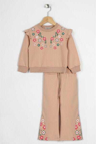 zepkids Girl's Colored Floral Printed Ruffle Shoulder Flare Leg Double Suit - 40774 - Justyol
