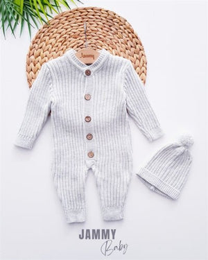 Triko Ponpon Şapkalı Tulum Set - GRİ - Justyol
