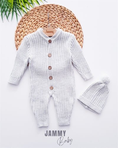 Triko Ponpon Şapkalı Tulum Set - GRİ - Justyol