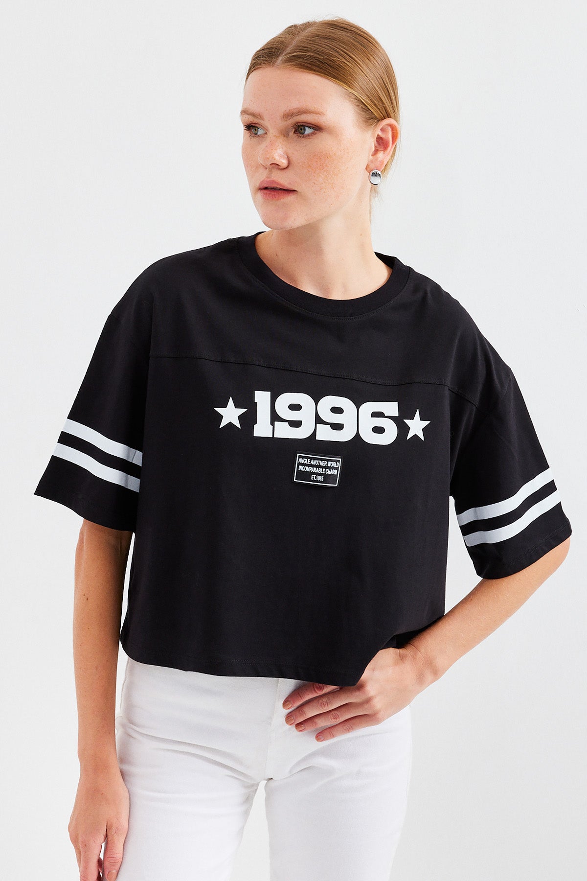 4322 baskili oversize basic tişört - Justyol