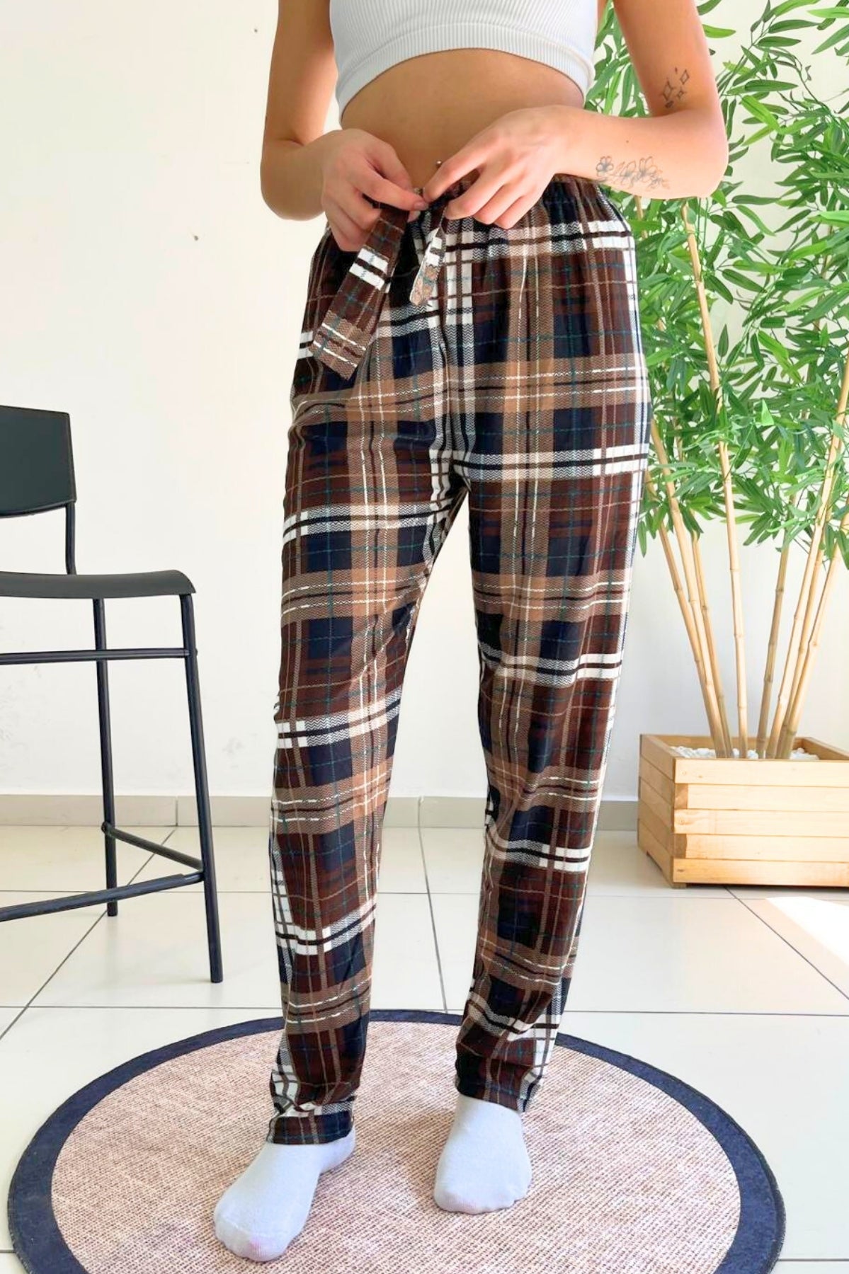 dreamy soft kadife dokulu ekose kareli süet pijama alti pantolon - Justyol