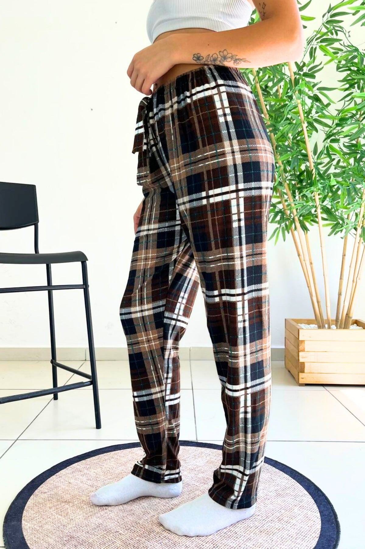 dreamy soft kadife dokulu ekose kareli süet pijama alti pantolon - Justyol