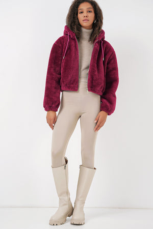 5193 kapüşonlu peluş crop ceket - Justyol