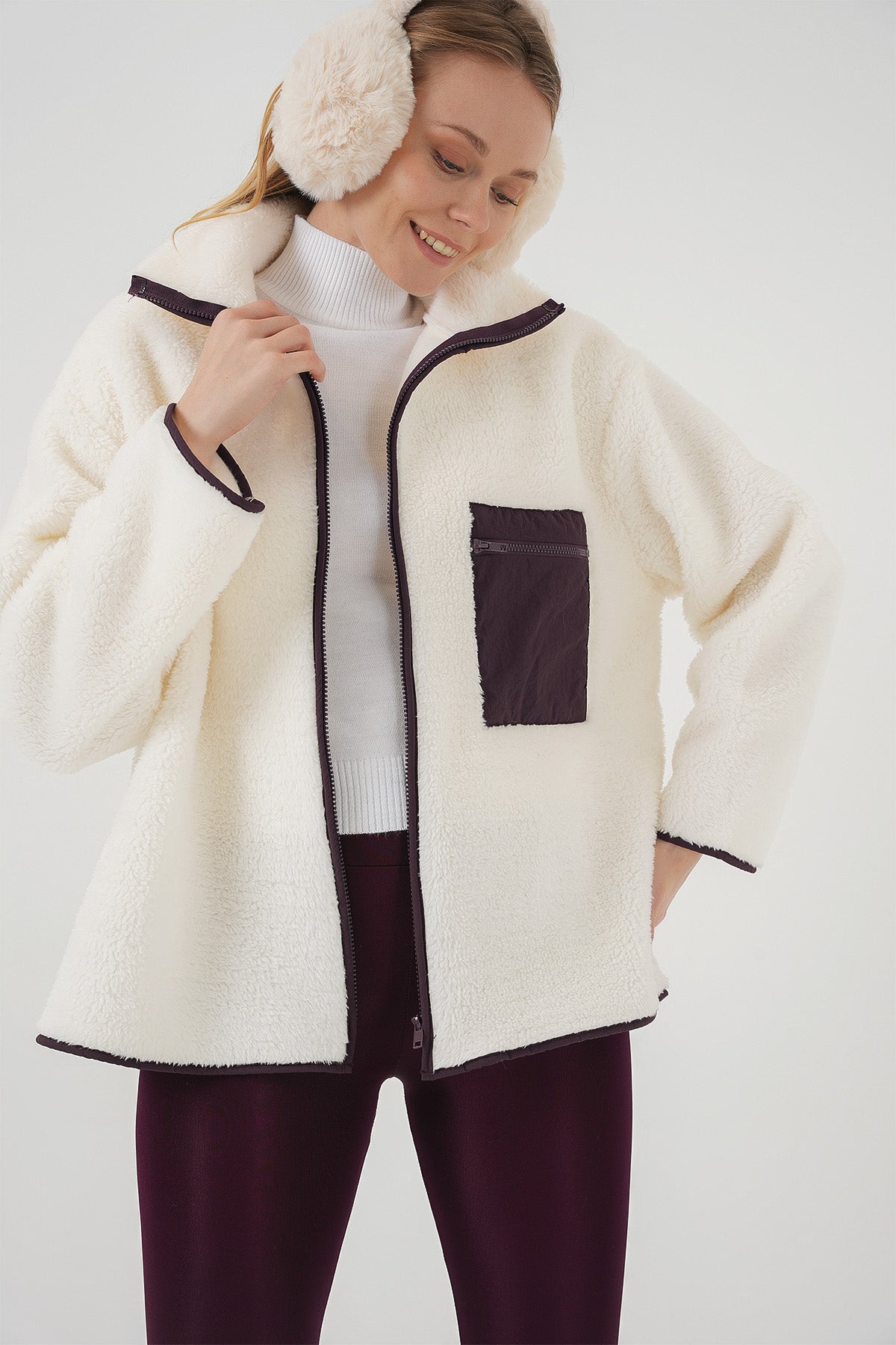 55446 fermuarli oversize peluş ceket - Justyol