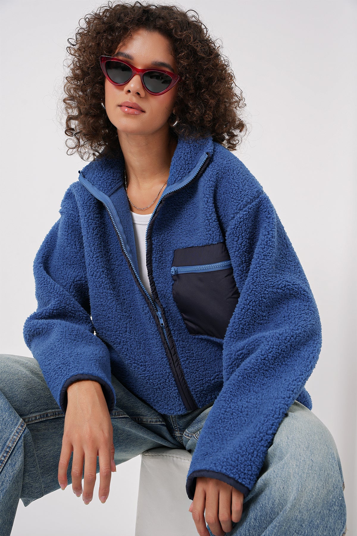 55446 fermuarli oversize peluş ceket - Justyol