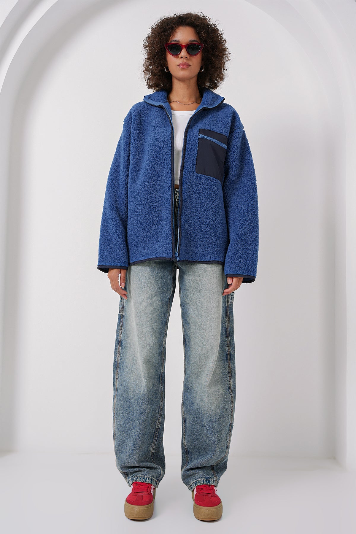 55446 fermuarli oversize peluş ceket - Justyol