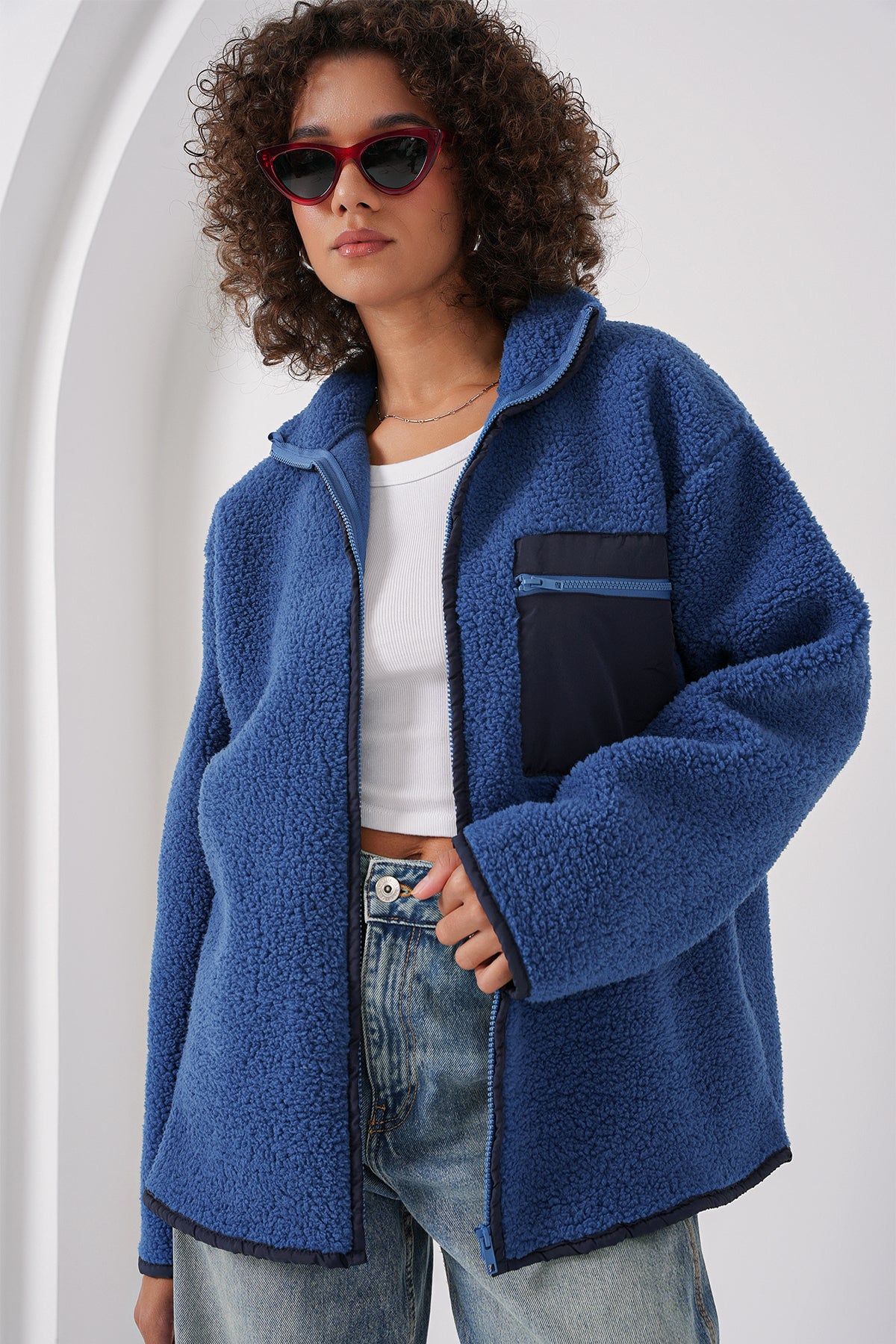 55446 fermuarli oversize peluş ceket - Justyol
