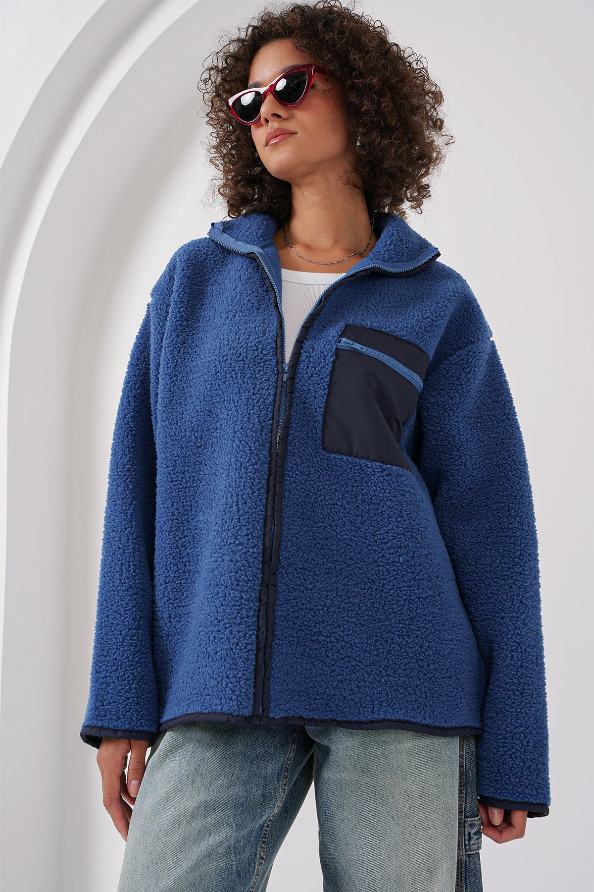 55446 fermuarli oversize peluş ceket - Justyol