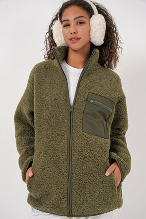 55455 kadin fermuarli oversize peluş ceket - Justyol