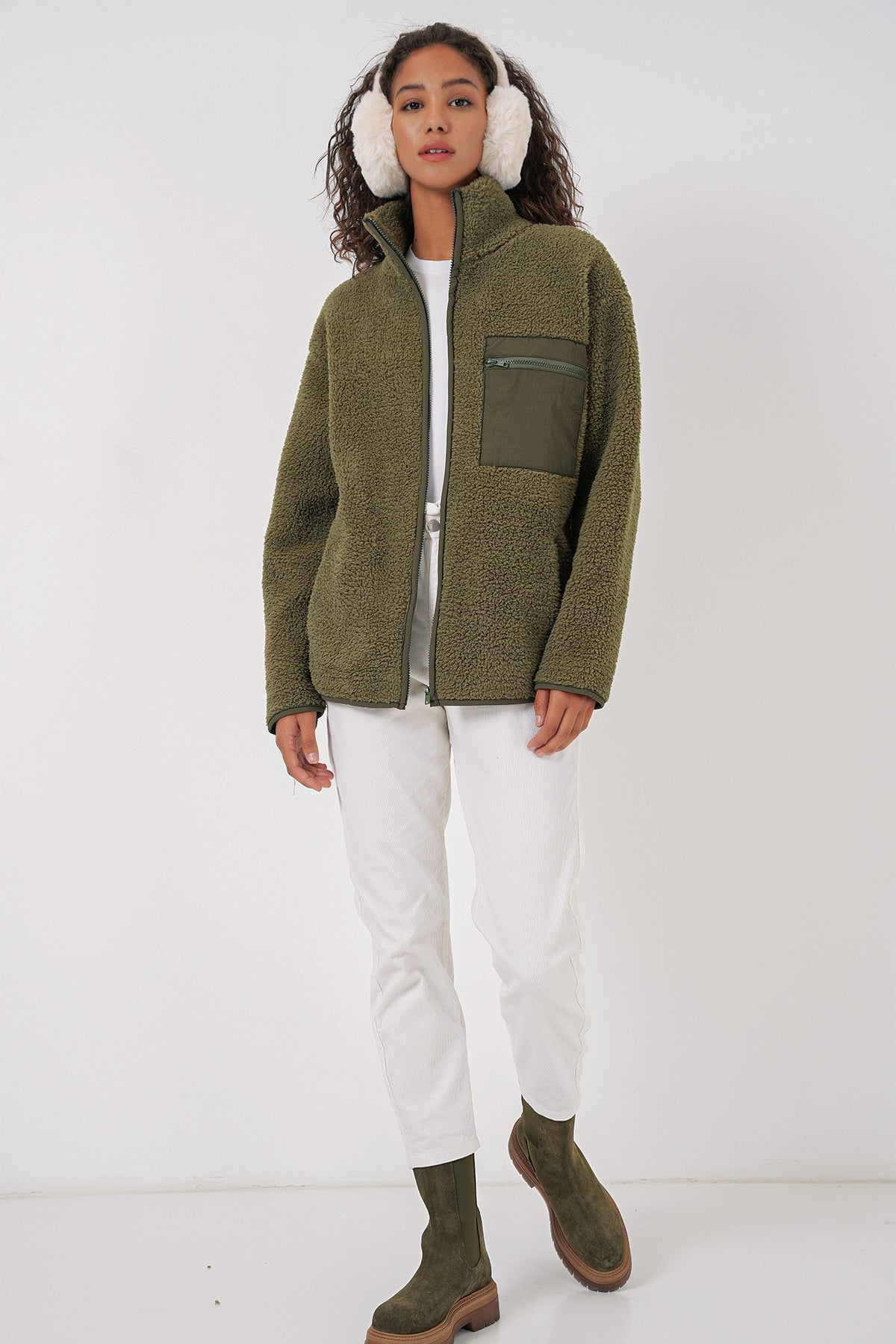 55455 kadin fermuarli oversize peluş ceket - Justyol