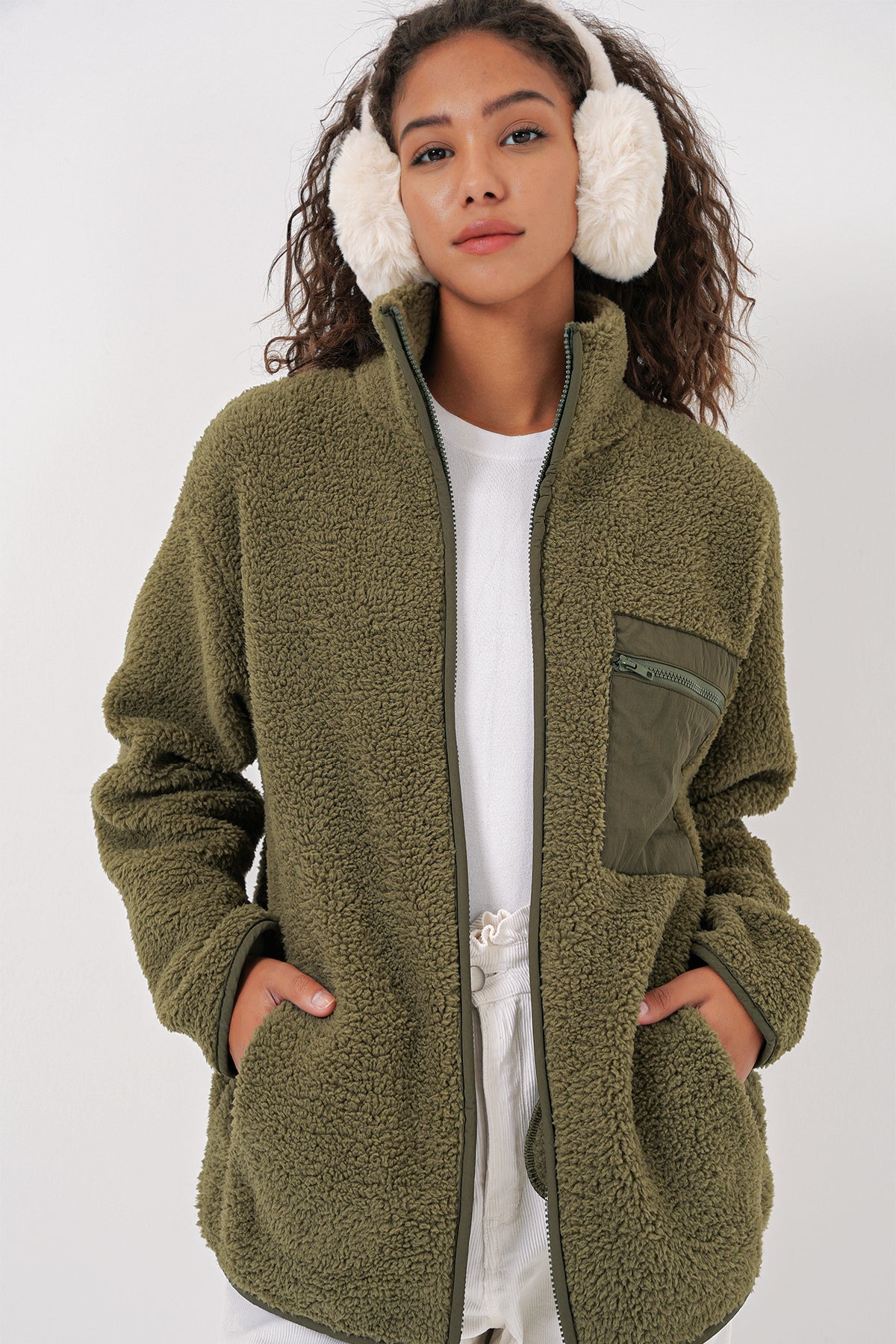 55455 kadin fermuarli oversize peluş ceket - Justyol