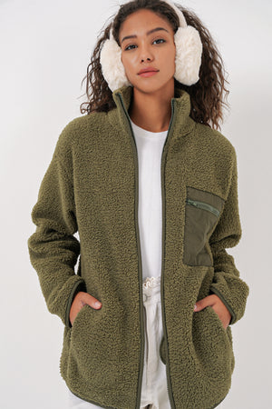 55455 kadin fermuarli oversize peluş ceket - Justyol