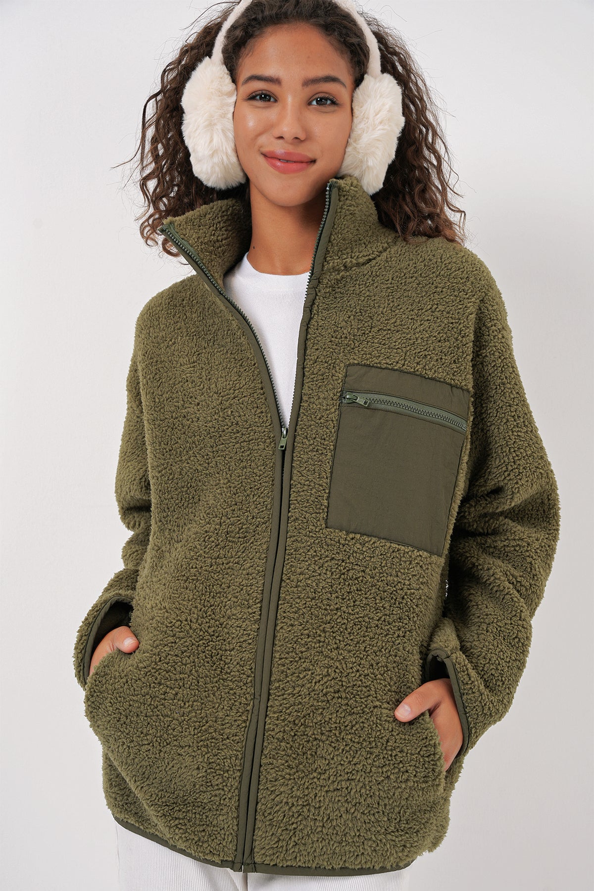 55455 kadin fermuarli oversize peluş ceket - Justyol