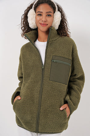 55455 kadin fermuarli oversize peluş ceket - Justyol
