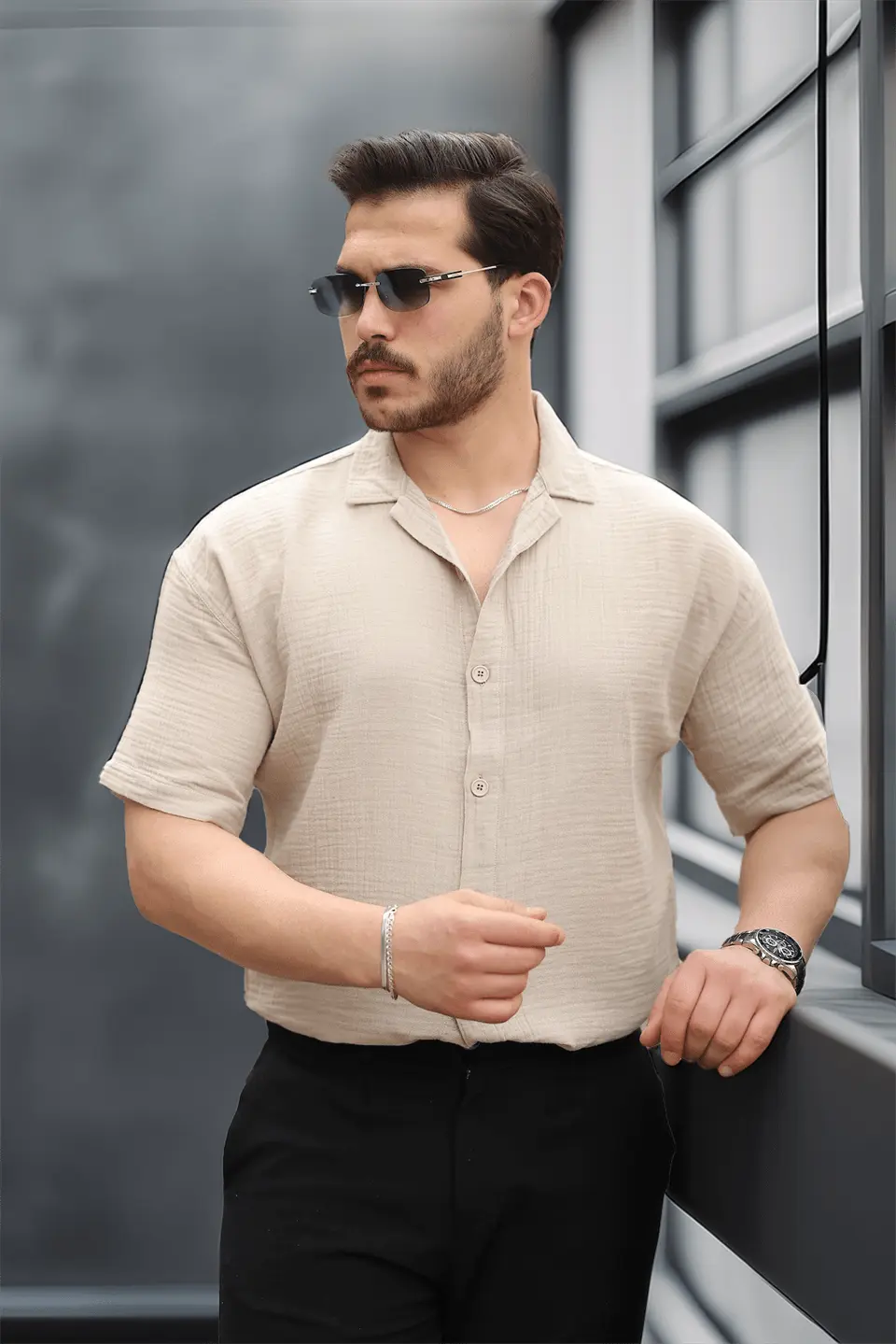 yarim oversize apaş yaka kisa kol müslin kumaş erkek gömlek - Justyol