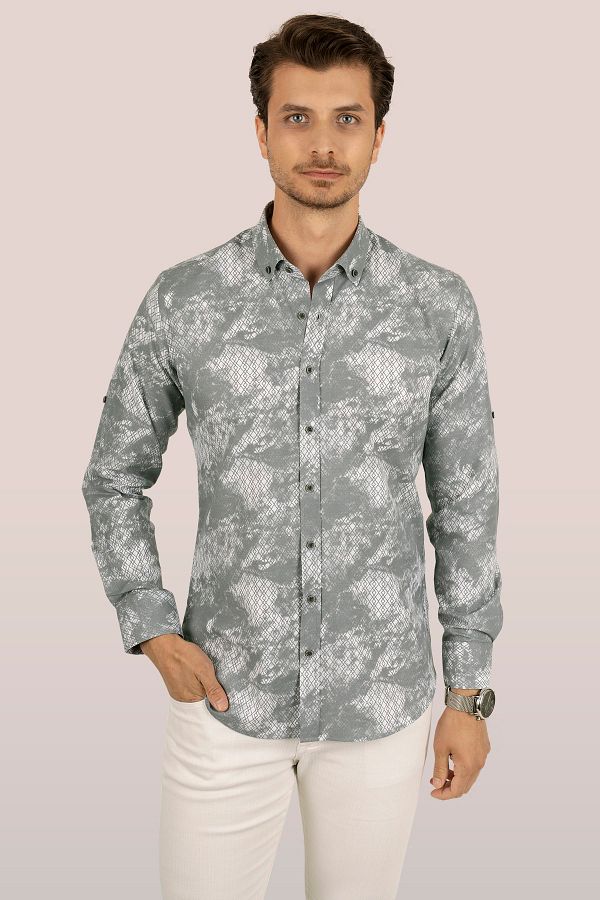 Eskitme Desenli Gri Beyaz Slimfit Kutulu Gömlek - 6464 - Justyol