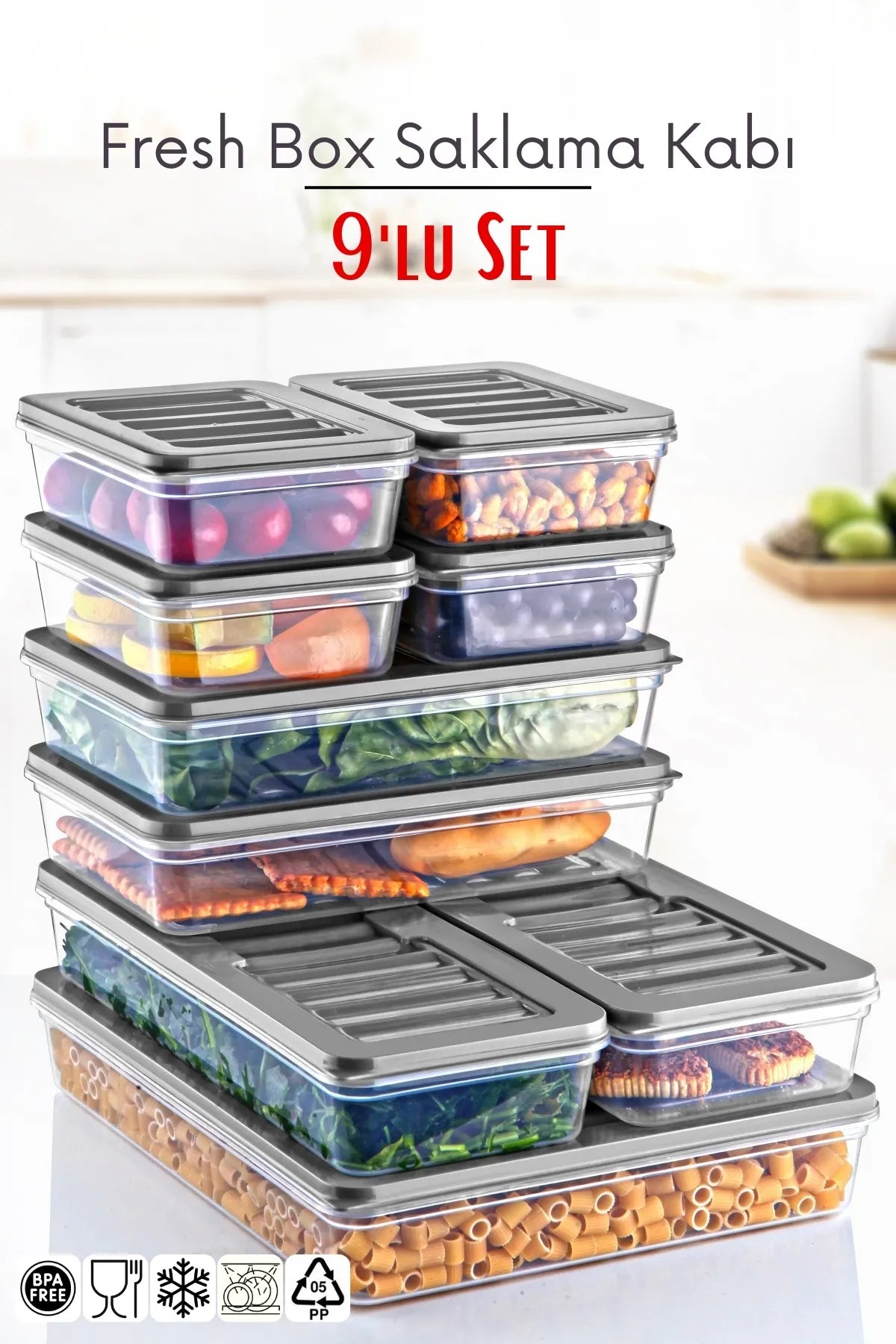 Set de 9 récipients Freshbox adaptés au micro - ondes et au congélateur - Gris - Justyol