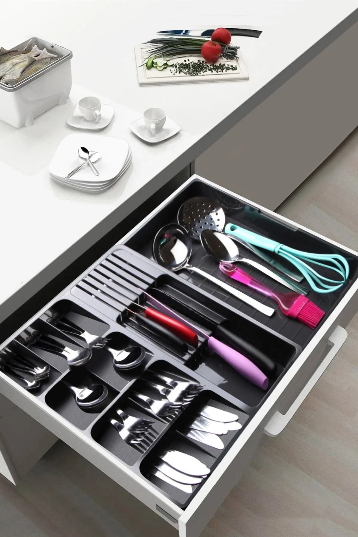 Organisateur de tiroir extensible avec support pour couteaux et cuillères - Anthracite - Justyol