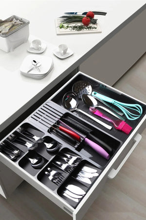 Organisateur de tiroir extensible avec support pour couteaux et cuillères - Anthracite - Justyol