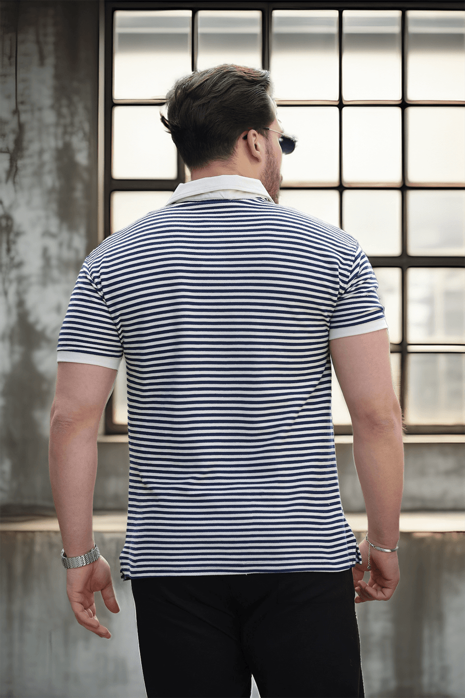 çizgili örme desenli polo yaka erkek t-shirt - Justyol