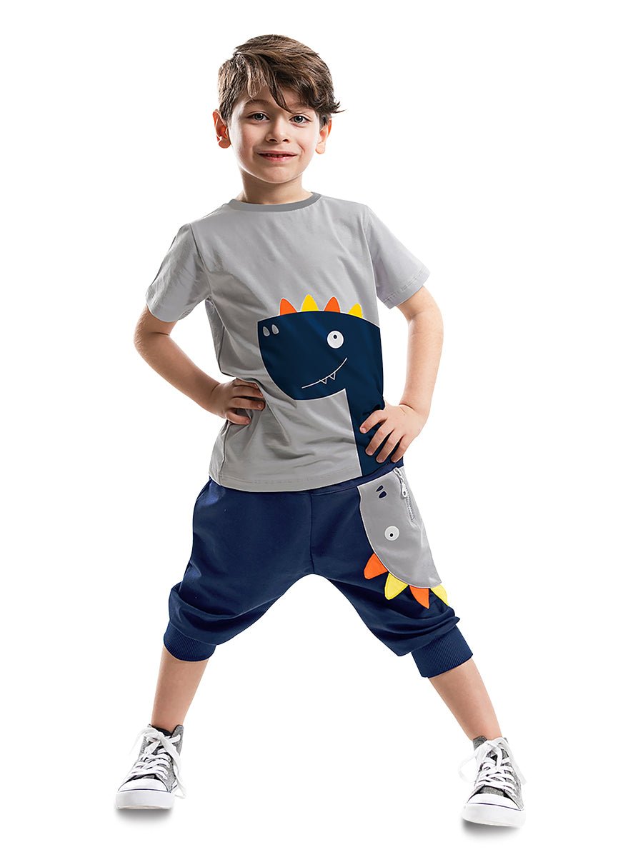 fermuar dino erkek çocuk t-shirt kapri şort takim - Justyol