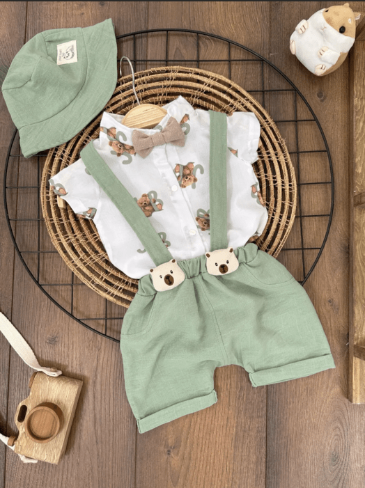Ayıcık Desen Gömlek&Salopet Şapkalı Set - Justyol