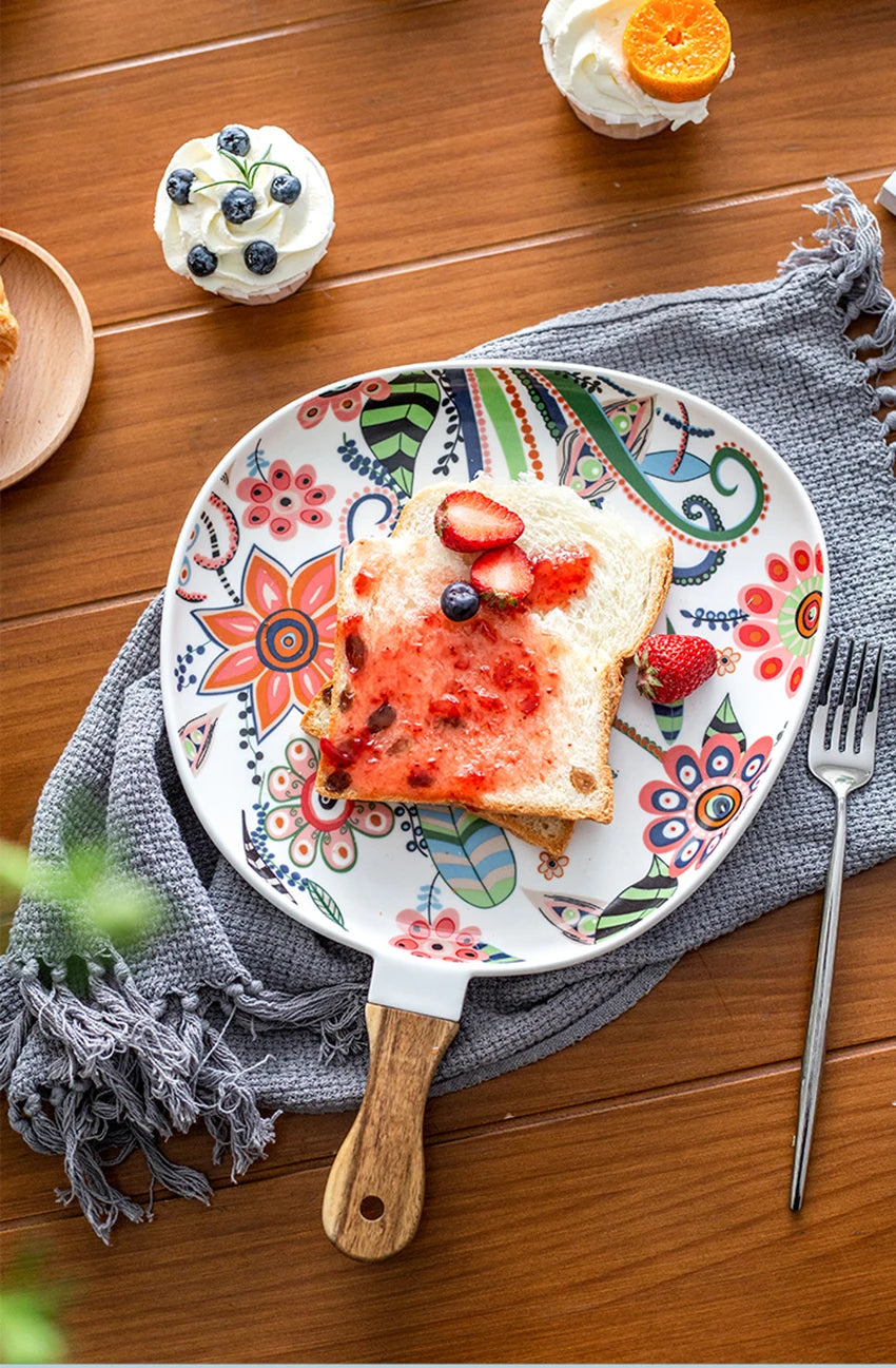 Ceramic Salad Plates with Handle,Porcelain Dinner Plates,Colorful Floral Pattern Serving Plate for Desserts Sandwiches Dishes 접시 MU Group
